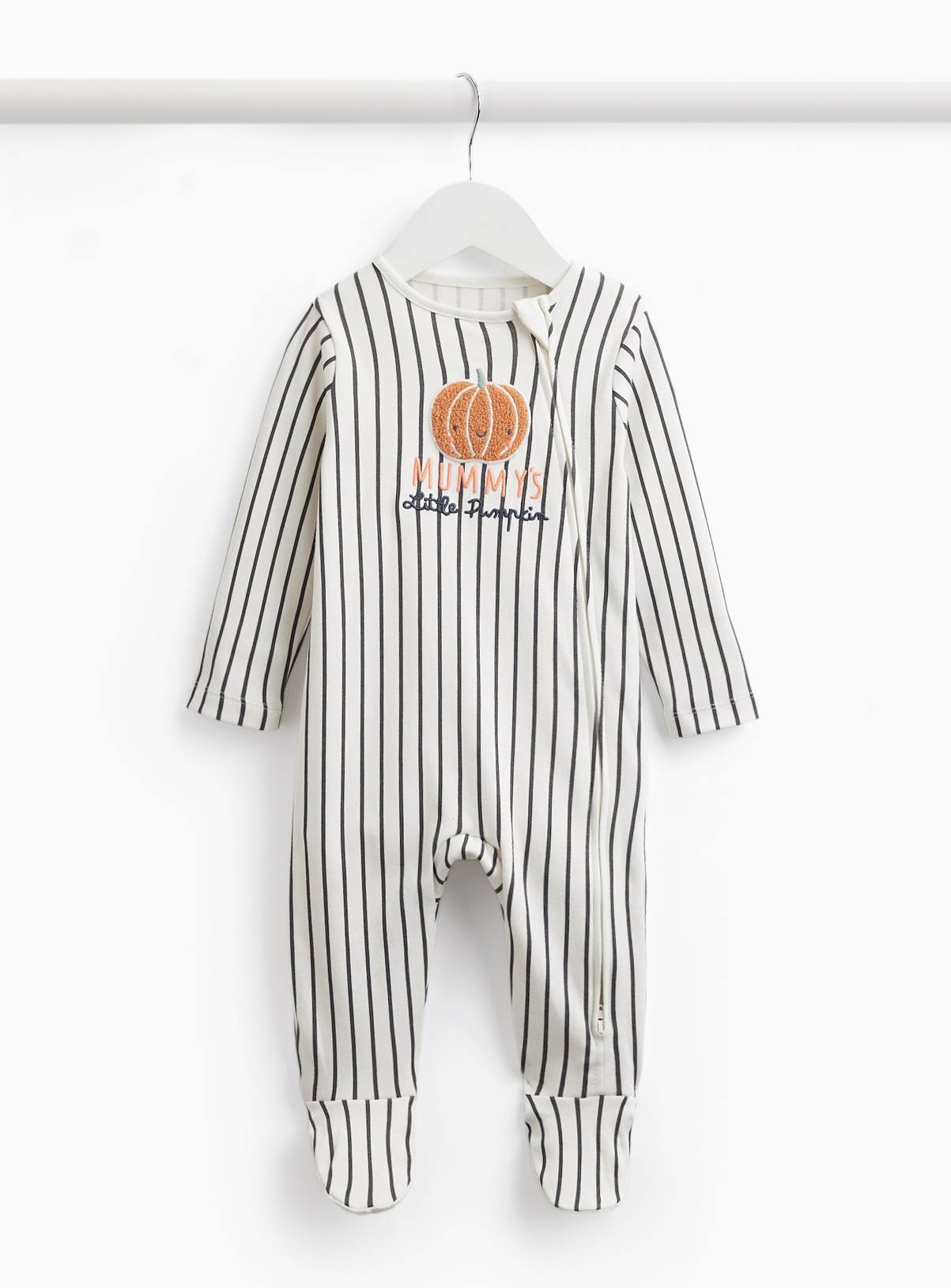 White Stripe Mummy's Little Pumpkin Print Sleepsuit 9-12 months - Image 1